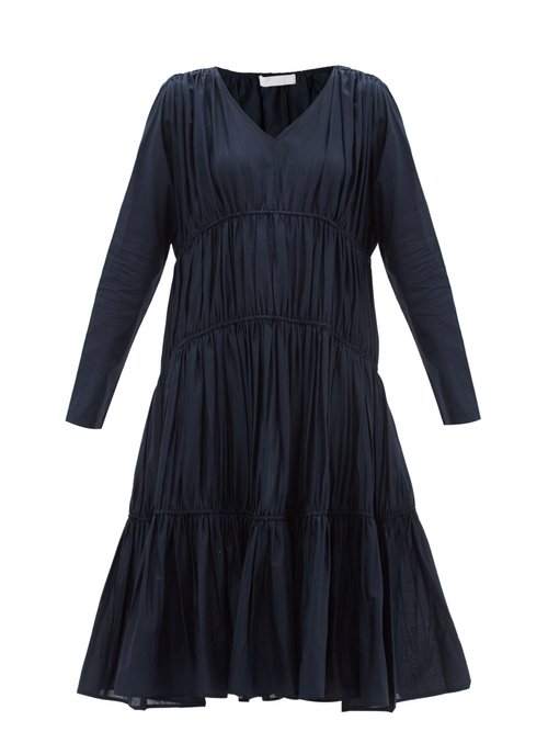 Merlette - Ophelia Shirred Cotton-lawn Midi Dress Navy