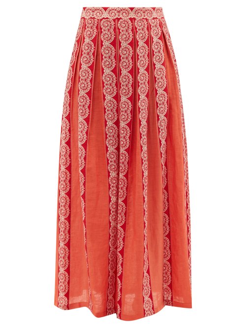 Le Sirenuse, Positano - Sophia Calypso Printed Pleated Linen Skirt Red Beachwear