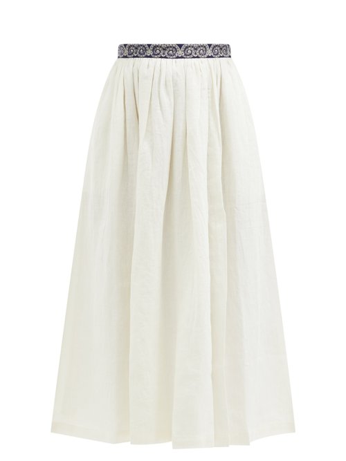 Le Sirenuse, Positano - Jane Calypso-print Trim Linen Midi Skirt White Beachwear