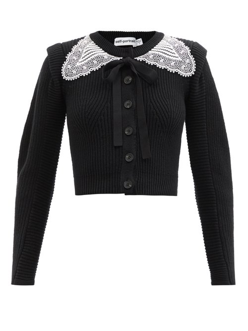 Self-portrait - Guipure Lace-collar Ribbed Wool-blend Cardigan Black