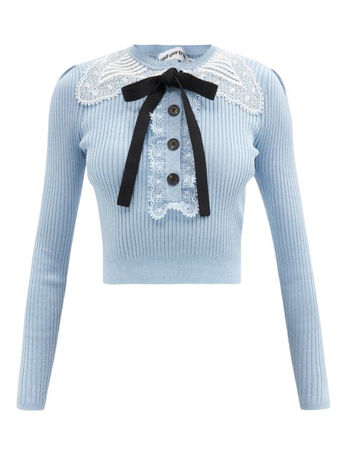Self-portrait - Pussy-bow Lace-trimmed Ribbed Sweater Light Blue
