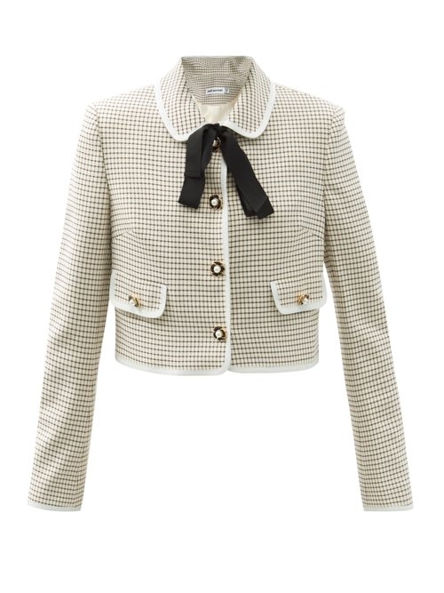 Self-portrait - Faux-pearl Button Checked Twill Jacket Beige