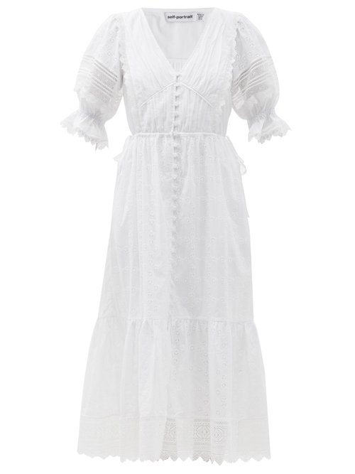 Self-portrait – Puff-sleeve Broderie-anglaise Cotton-poplin Dress White
