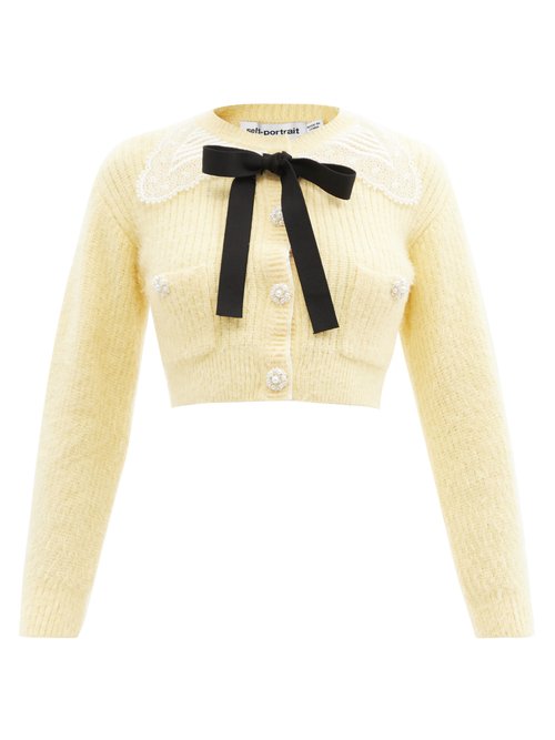 Self-portrait - Bow And Faux-pearl Embellished Cardigan Yellow