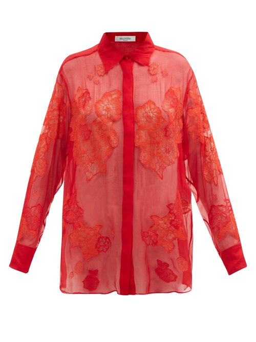 Valentino – Floral Lace-appliquéd Silk-chiffon Blouse Red