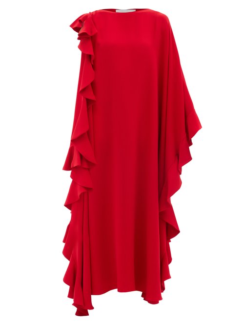Valentino - Waterfall-flounce Cape-sleeve Silk-crepe Gown Red