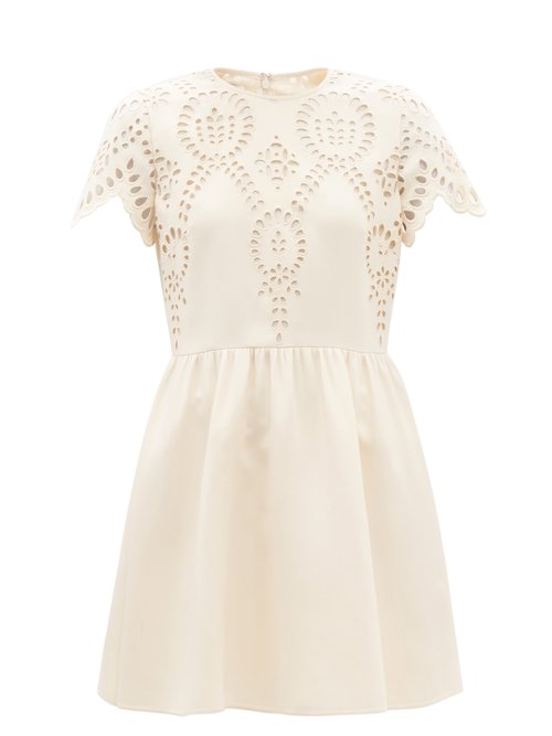 Buy Valentino - Sangallo-embroidered Wool-blend Crepe Minidress Ivory online - shop best Valentino clothing sales