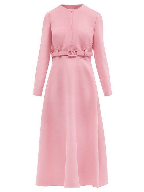 Valentino - V-logo Belt Wool-blend Crepe Midi Dress Pink