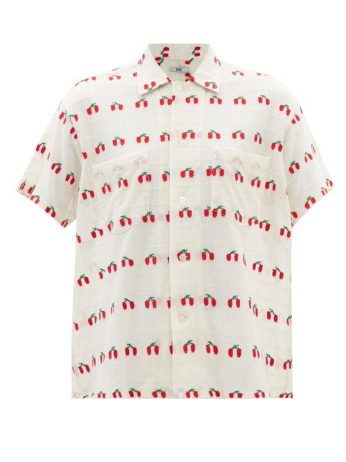 Bode - Cherry-embroidered Cotton-gauze Shirt Red Multi