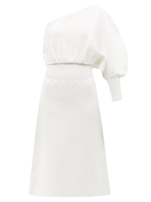 Galvan - Luna Asymmetric Balloon-sleeve Knitted Midi Dress White
