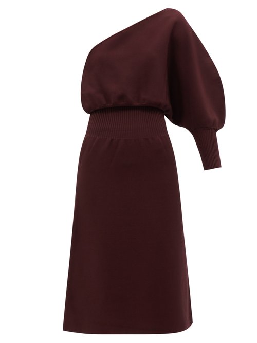 Buy Galvan - Luna Asymmetric Balloon-sleeve Knitted Midi Dress Burgundy online - shop best Galvan clothing sales
