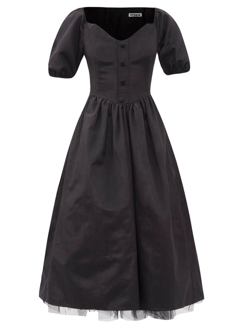 Batsheva - Minnie V-neck Tulle-lined Moiré Dress Black