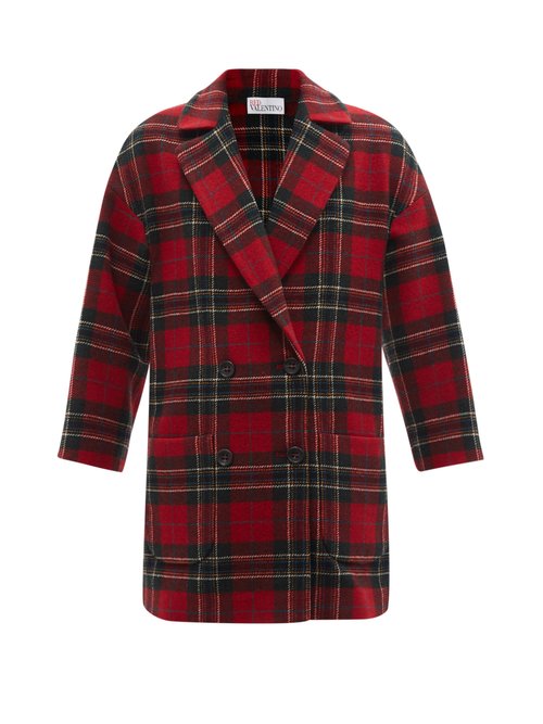 REDValentino - Double-breasted Wool-tartan Pea Coat Red Print
