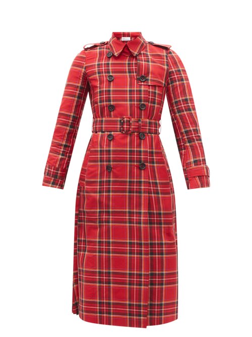 REDValentino – Pleated Tartan Canvas Trench Coat Red Print