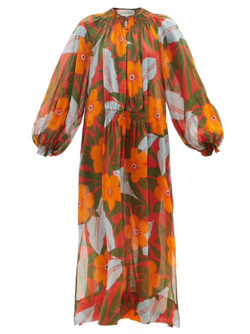 Lee Mathews - Oleander Shirred Hibiscus-print Ramie Maxi Dress Orange