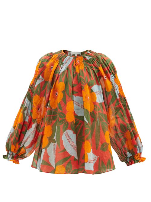 Buy Lee Mathews - Oleander Hibiscus-print Ramie Blouse Orange Multi online - shop best Lee Mathews 