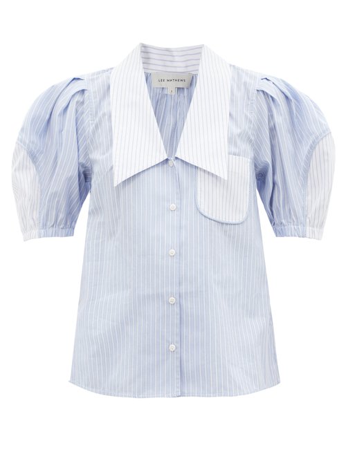 Lee Mathews - Diana Striped Puff-sleeve Cotton-poplin Blouse Blue White
