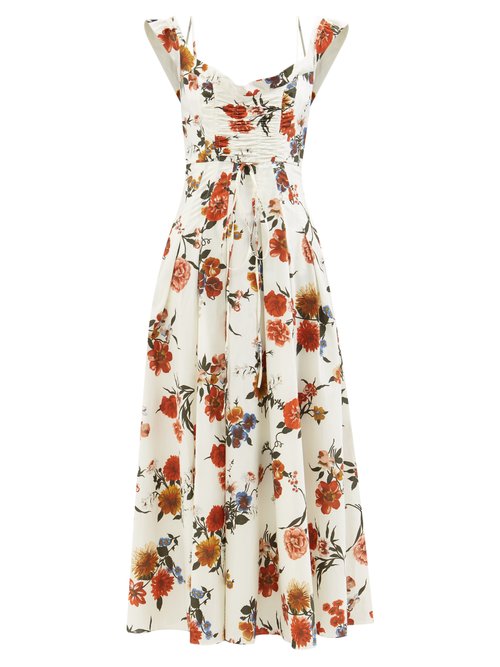 Brock Collection – Tamiko Ruched Floral-print Cotton-poplin Dress Red White