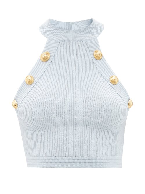 Balmain - Halterneck Buttoned Ribbed-jersey Cropped Top Blue