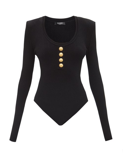 Balmain - Scoop-neck Ribbed-jersey Bodysuit Black