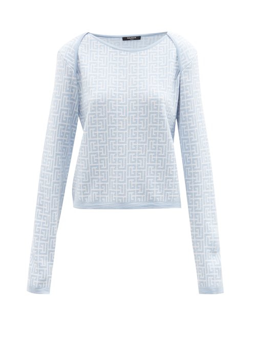 Balmain - Monogram-jacquard Wool-blend Sweatshirt Blue