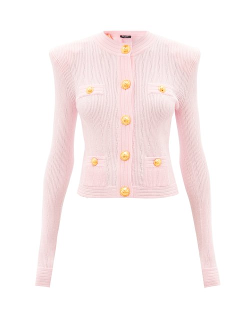 Balmain - Padded-shoulder Ribbed-knit Cardigan Pink
