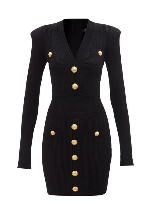 Balmain - V-neck Button-embellished Jersey Dress Black