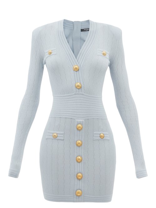 Buy Balmain - V-neck Button-embellished Knitted Dress Blue online - shop best Balmain clothing sales