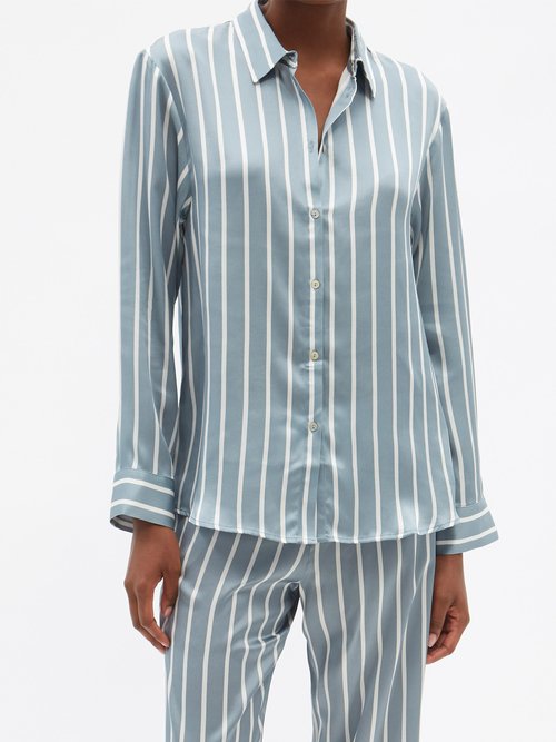 Asceno - London Striped Sandwashed-silk Pyjama Shirt - Womens - Blue Stripe