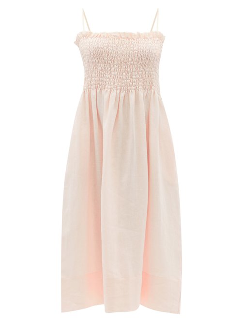 Three Graces London - Lena Shirred Linen-voile Dress Light Pink