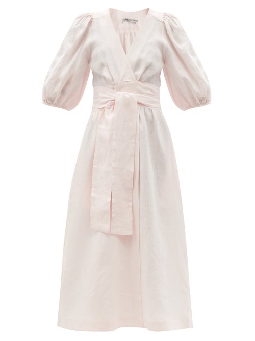 Three Graces London - Fiona Puff-sleeve Linen Midi Wrap Dress Light Pink