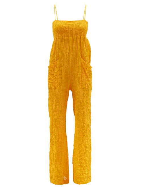 Three Graces London – Tallie Shirred Cotton-blend Cloqué Jumpsuit Yellow