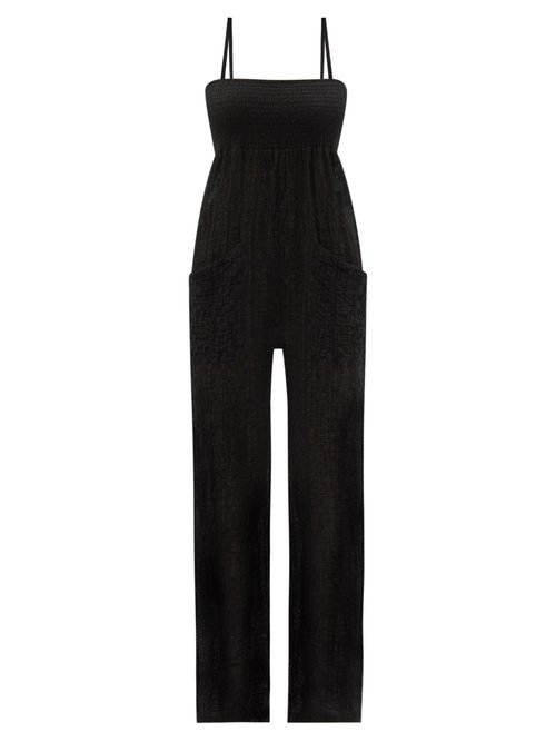 Three Graces London – Tallie Shirred Cotton-blend Cloqué Jumpsuit Black