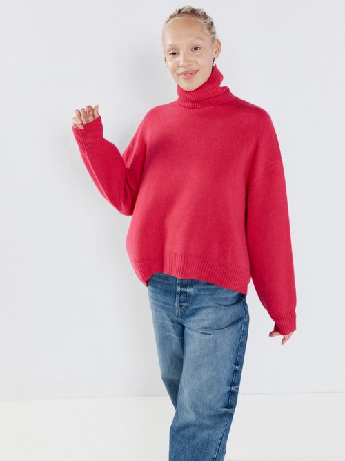 Raey - Cropped Displaced-sleeve Roll-neck Wool Sweater Raspberry