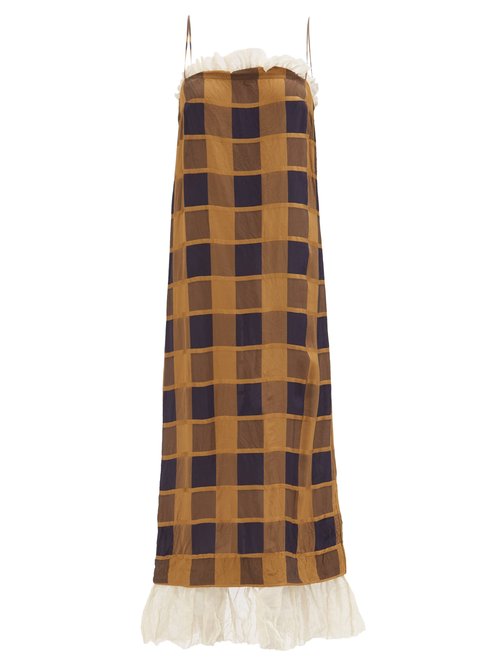 Buy Khaite - Susanna Crinkled Check-poplin Slip Dress Brown Multi online - shop best Khaite clothing sales
