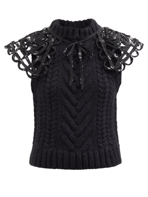 Cecilie Bahnsen - Brynlee Collar-trimmed Cable-knit Wool-blend Tank Black