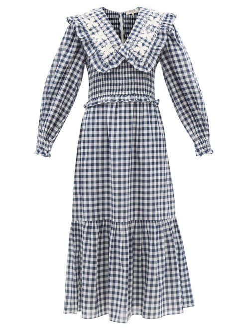Sea - Gina Ruffled-collar Gingham Cotton Midi Dress Navy Print