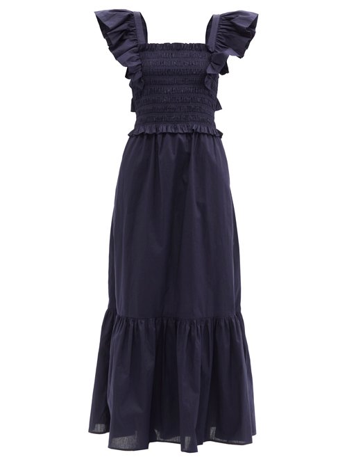 Buy Sea - Gladys Ruffled Shirred Cotton-poplin Maxi Dress Navy online - shop best Sea clothing sales