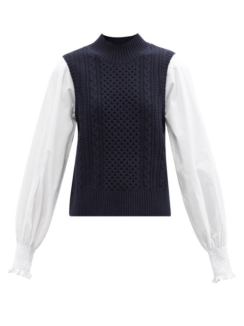Sea - Melanie Wool And Cotton-poplin Blouse Sweater Navy