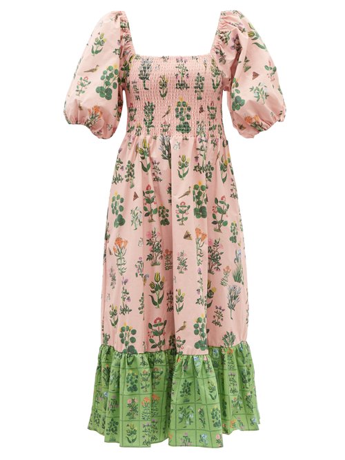 Rhode - Eloise Shirred Floral-print Cotton-poplin Dress Pink