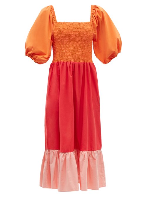 Rhode - Eloise Shirred Colour-block Cotton-poplin Dress Pink