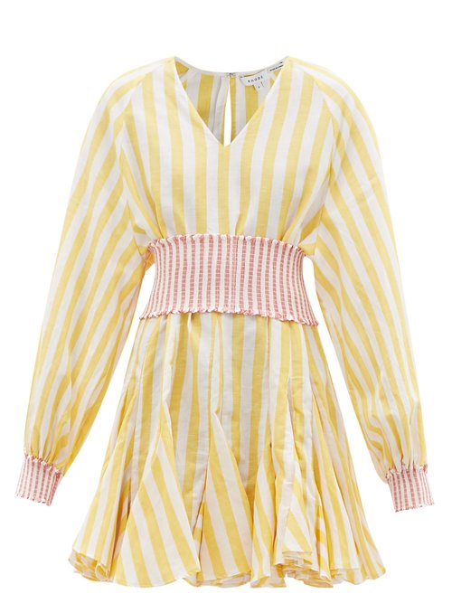 Rhode - Olivia Belted V-neck Cotton-blend Mini Dress Yellow Stripe