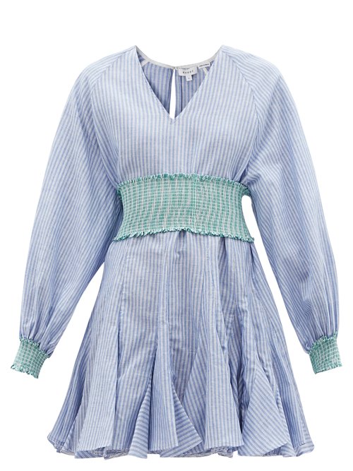 Rhode - Ella Flared Striped Cotton-blend Hopsack Dress Blue Stripe