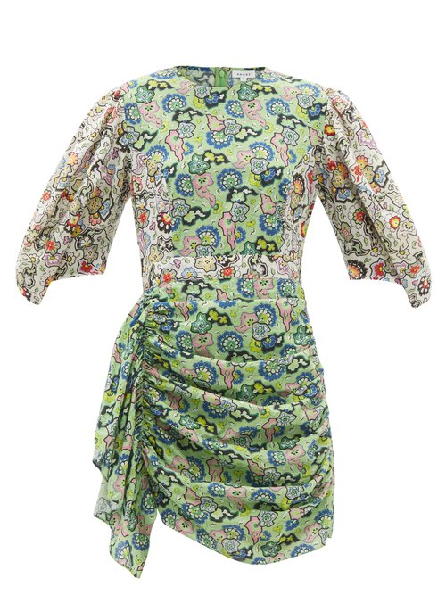 Rhode - Pia Floral-print Ruched Cotton-poplin Mini Dress Green