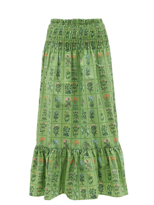 Rhode - Artie Shirred Floral-print Cotton Midi Skirt Green Beachwear