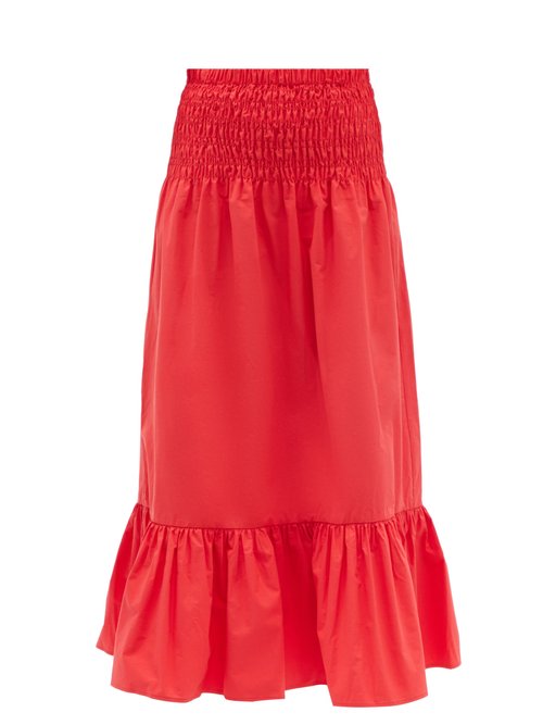 Rhode - Artie Shirred Cotton Midi Skirt Red Beachwear