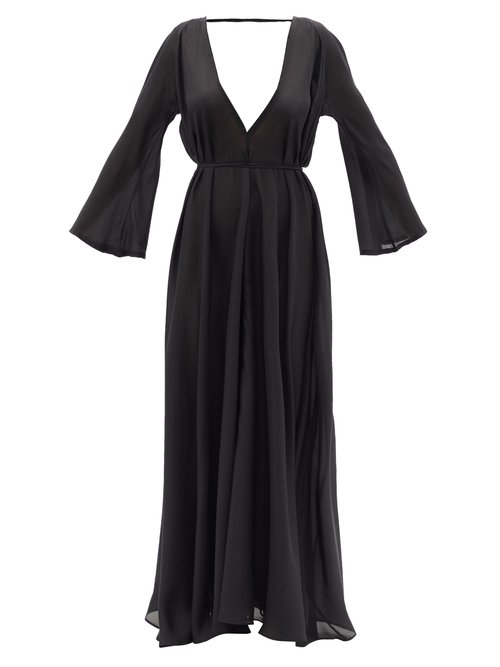 Fil De Vie - Prosperina Plunge-neck Silk-habotai Maxi Dress Black