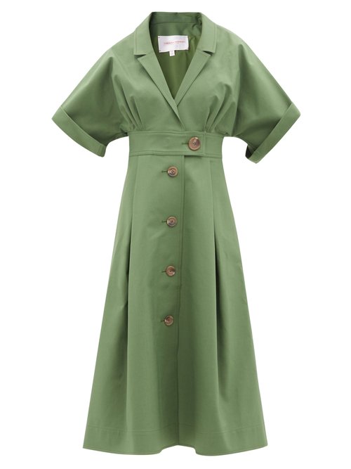 Carolina Herrera – Notched-lapel Cotton-blend Midi Dress Olive Green