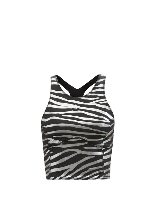 Adidas By Stella Mccartney – Zebra-print Cropped Tank Top Black Silver