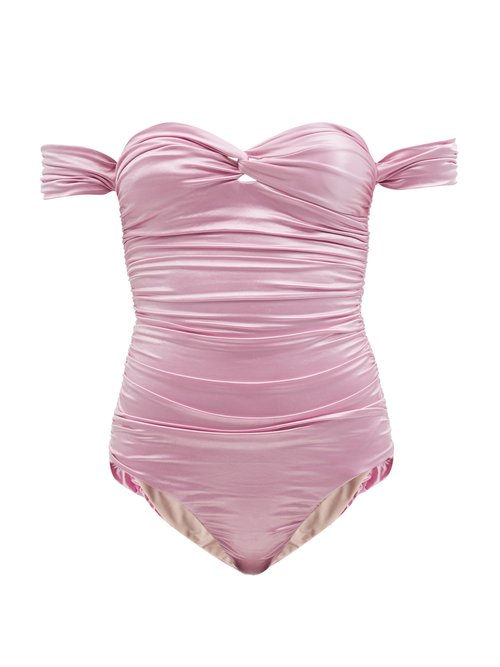 Isa Boulder - Together Off-the-shoulder Ruched Metallic Swimsuit Pink Beachwear
